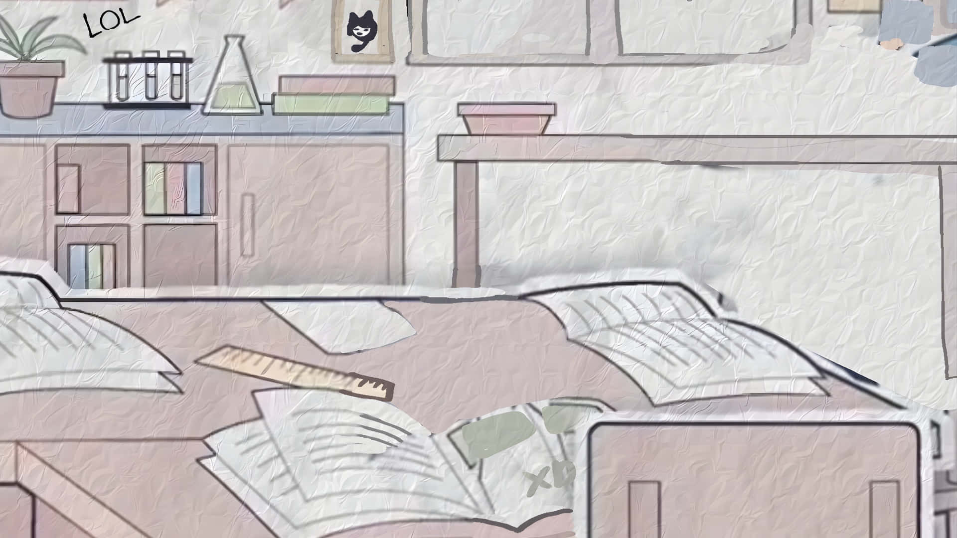  壁紙 — 一張凌亂的書桌，上面散落著紙張、書籍和一把尺子，背景有書架和實驗室設備。