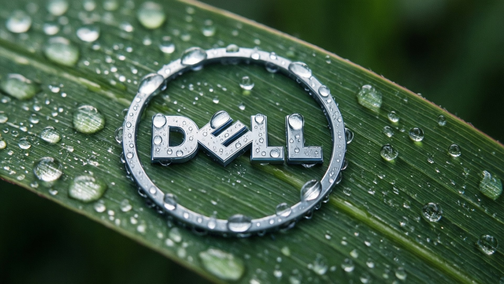 Dell Logo Water Droplet Leaf 壁紙 — 一個金屬質感的Dell標誌放在沾滿露水的綠色葉子上，周圍有閃爍的水滴。