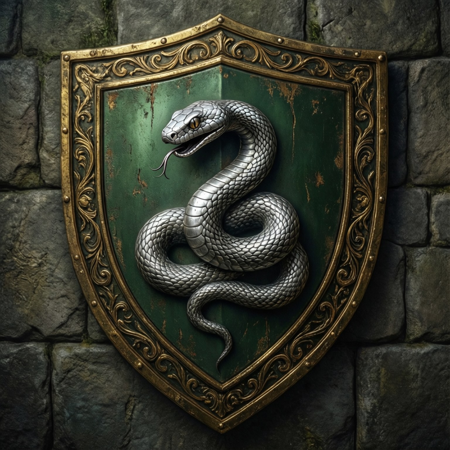 Slytherin Heraldic Emblem 壁紙 — 一條金屬銀色蛇纏繞在一個風化的綠色盾牌上，帶有華麗的金色邊飾，安裝在粗糙的石牆上。
