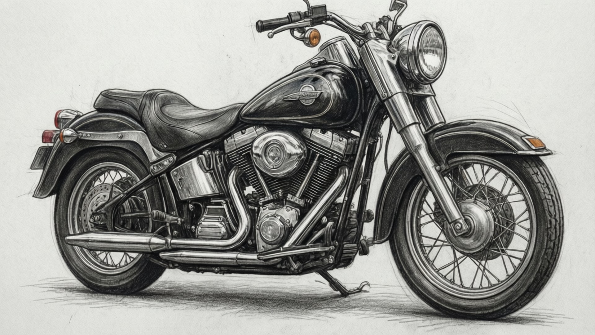 Pencil Motorcycle Sketch 壁紙 — 一幅精心繪製的鉛筆素描，描繪經典巡航機車，帶有鍍鉻裝飾和鋼絲輪圈。