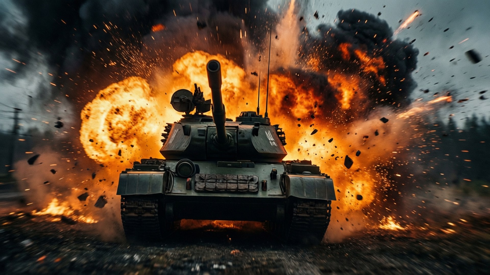 Explosive Impact 壁紙 — 一輛軍用坦克在火花和濃煙中穿過熾熱的爆炸前進。