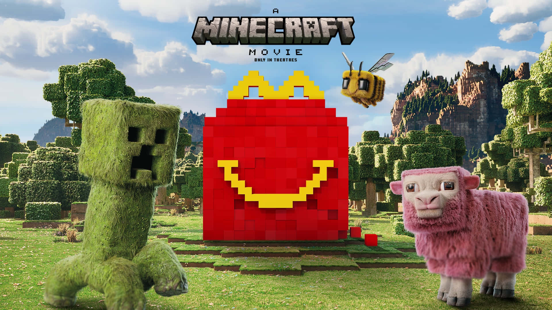 壁紙 — 一張Minecraft電影海報，展示一個像素化的麥當勞快樂兒童餐盒，以及苦力怕、羊和蜜蜂在方塊狀的草地景觀中。
