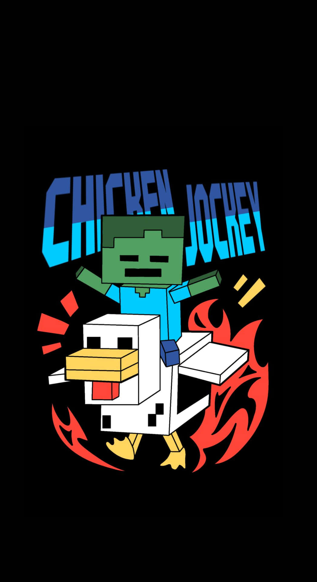  壁紙 — 一個Minecraft殭屍騎師騎著雞，背後有火焰，下方是粗體藍色文字。