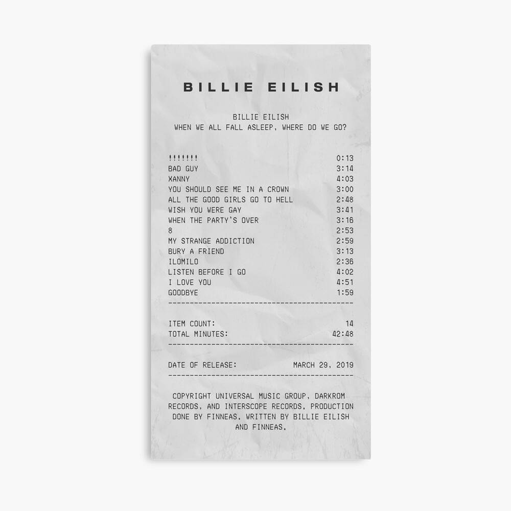 Sales 桌布 壁紙 — Billie Eilish《When We All Fall Asleep, Where Do We Go?》的極簡專輯曲目列表海報，印在紋理紙上，採用粗體黑色字體。