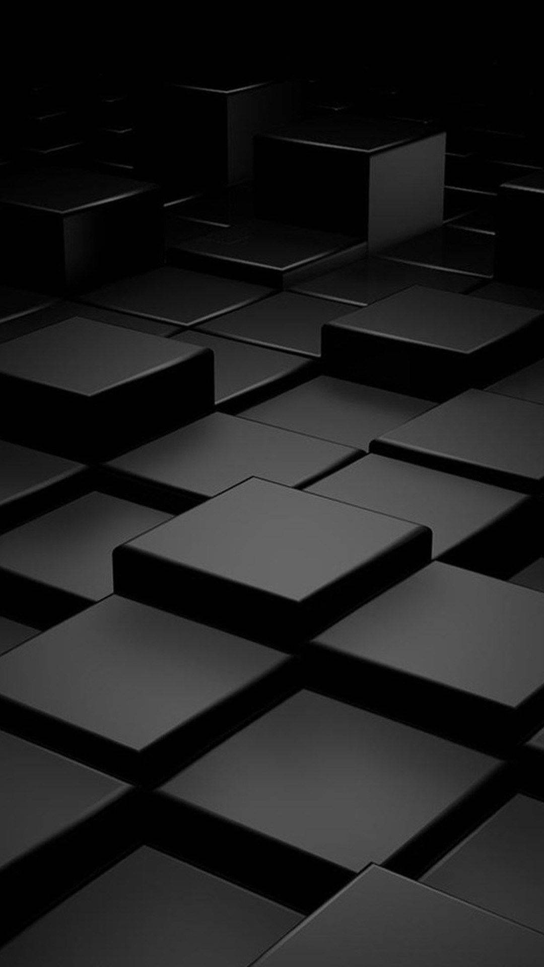 抽象黑色立方體以幾何圖案排列，帶有柔和陰影。 — 3D 壁紙