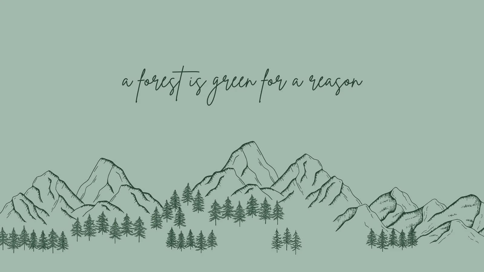  壁紙 — 一幅極簡線條藝術插圖，描繪山峰和松樹，下方有短語 a forest is green for a reason，背景為柔和的綠色。