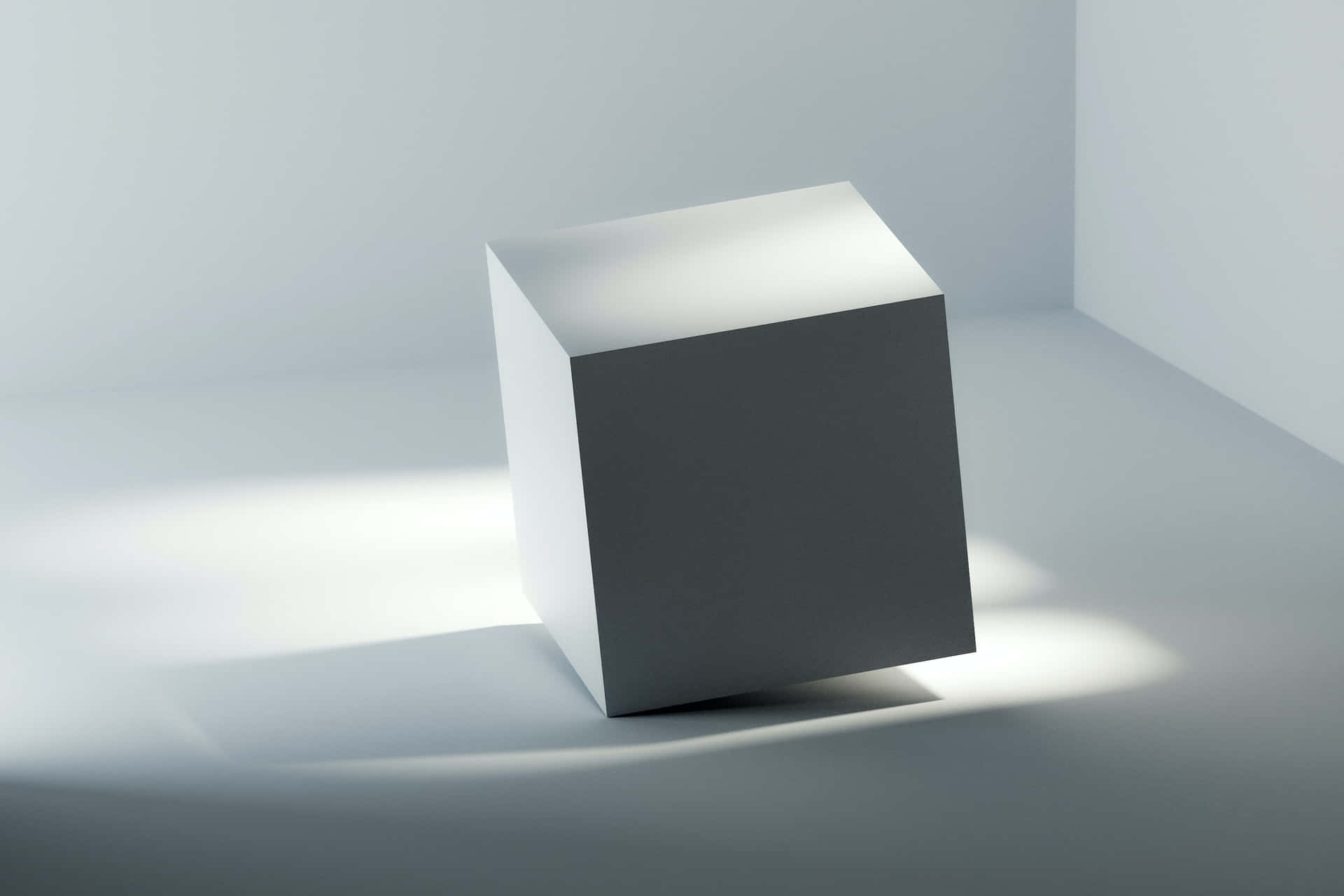 極簡工作室角落中的白色立方體，柔和光線和陰影。 — 3D 壁紙