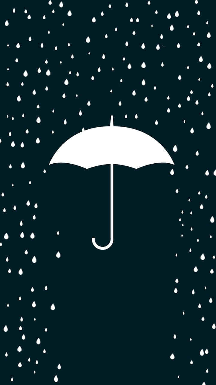  壁紙 — 一把簡約的白色雨傘在深藍綠色背景上抵擋落下的雨滴。