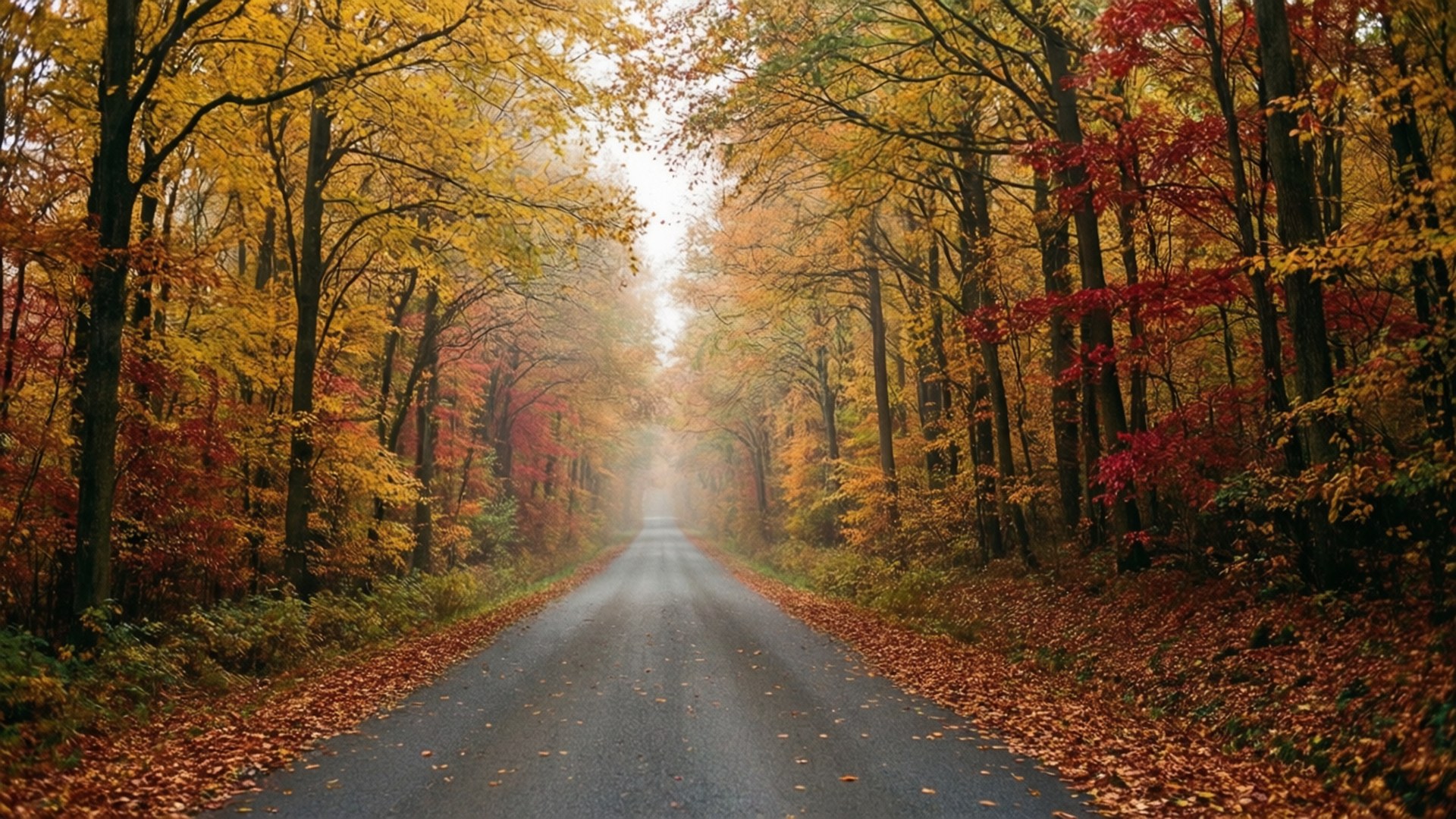 一條霧濛濛的道路，兩旁是展現鮮豔黃色、紅色和橙色樹葉的秋樹 — 3440X1440 壁紙