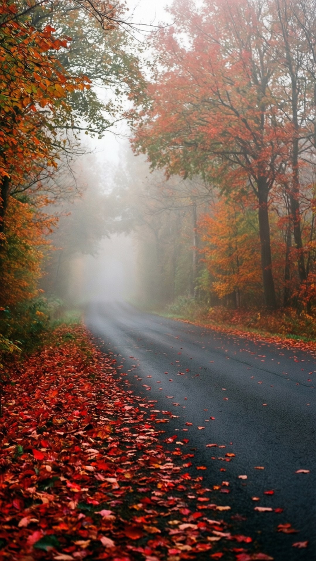 Autumn Mist 壁紙 — 一條霧氣瀰漫的秋日道路蜿蜒穿過森林，鮮豔的紅色、橙色和黃色樹葉覆蓋地面並依附在樹上。