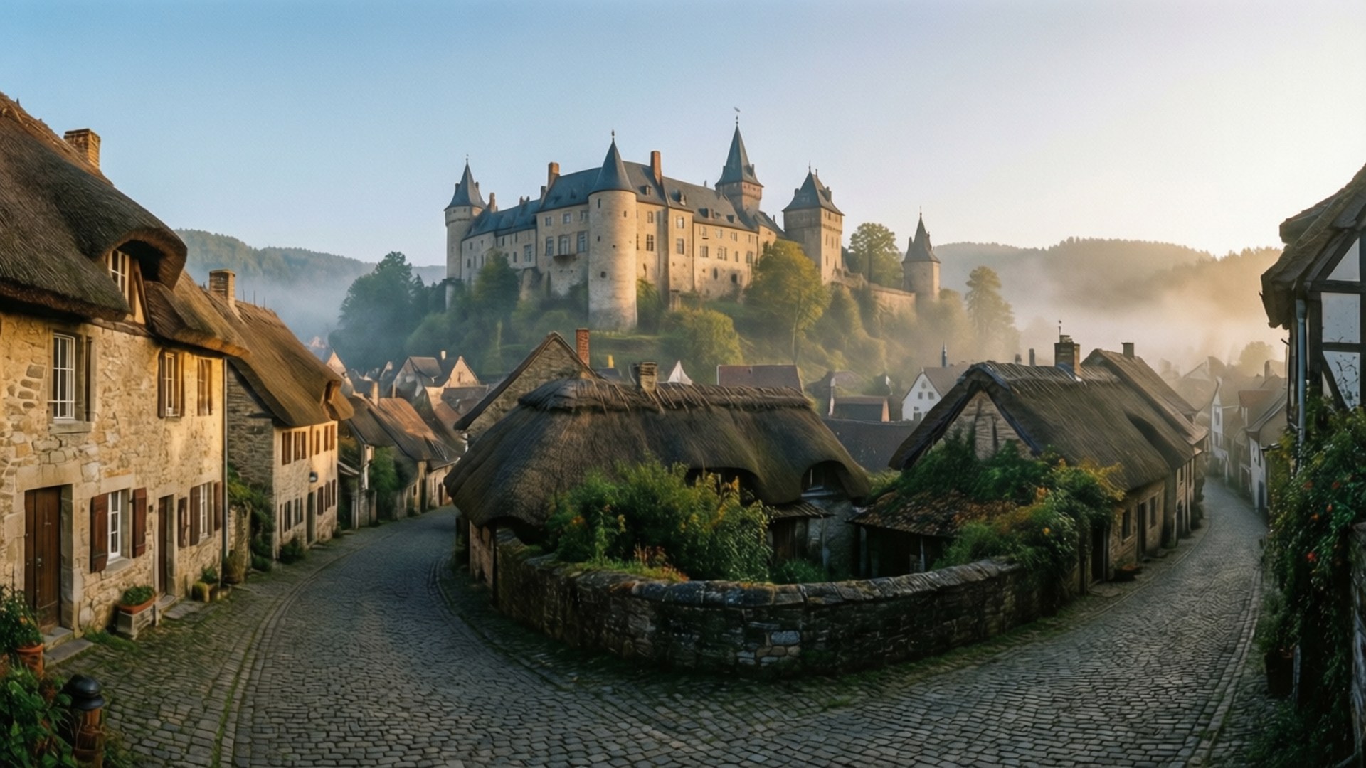 Medieval Town 壁紙 — 霧濛濛的黎明揭示了一個鵝卵石村莊，茅草屋頂的小屋坐落在山丘上宏偉城堡的下方。