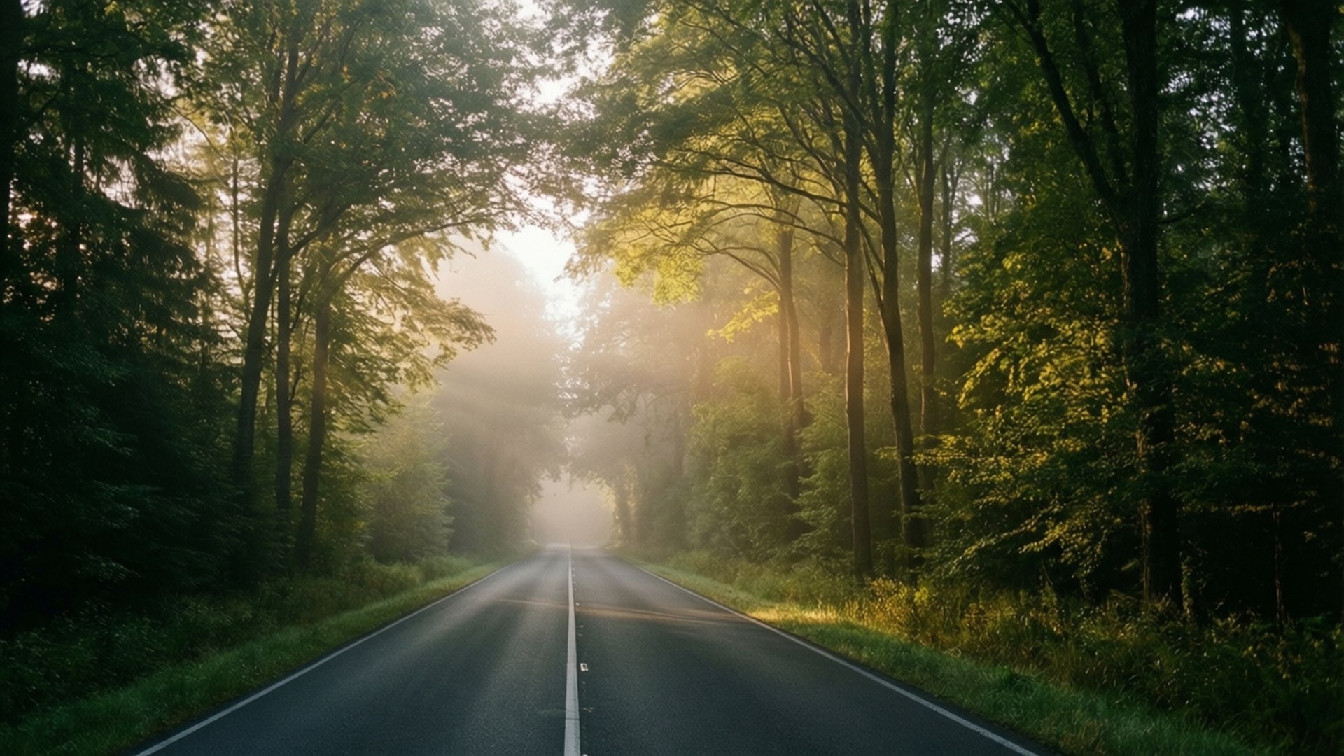 Misty Forest Road 壁紙 — 一條霧氣瀰漫的森林道路向前延伸，兩旁是高聳的樹木，金色的陽光穿過樹冠灑落。