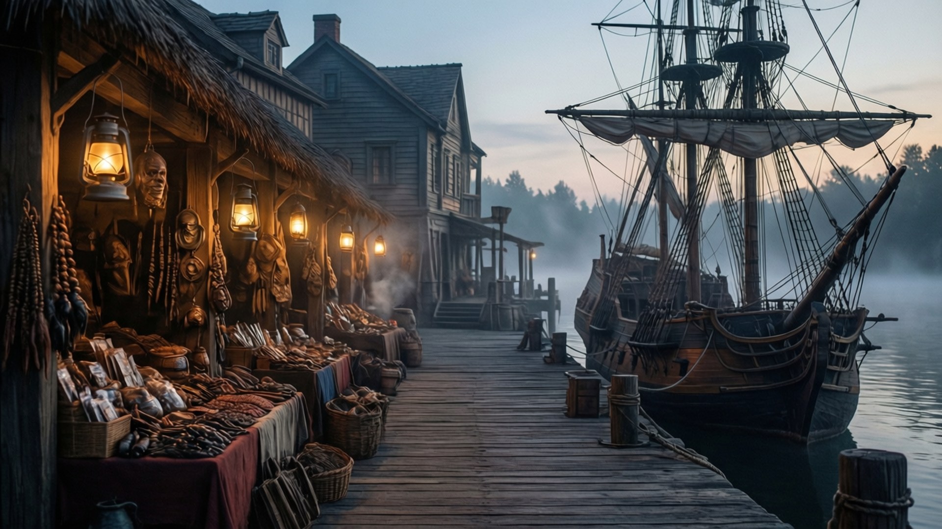 Dawn at the Outpost 壁紙 — 黃昏時分霧氣瀰漫的港口，木製碼頭兩旁排列著燈籠照亮的攤位，出售異國商品，附近停泊著一艘大型帆船。