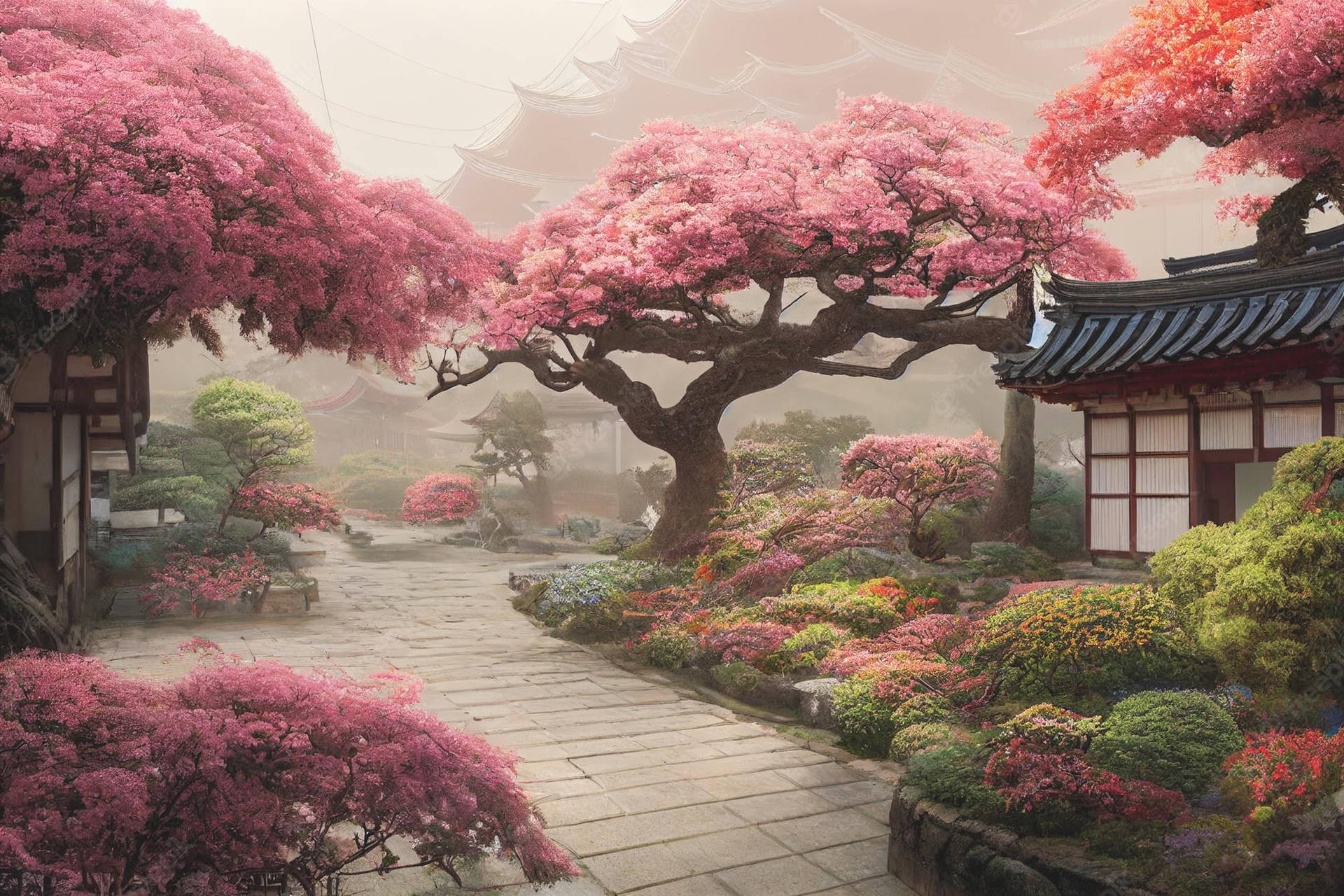 粉紅櫻花環繞著一條石徑，位於霧氣瀰漫的日本花園中，並有傳統建築。 — 櫻花 壁紙