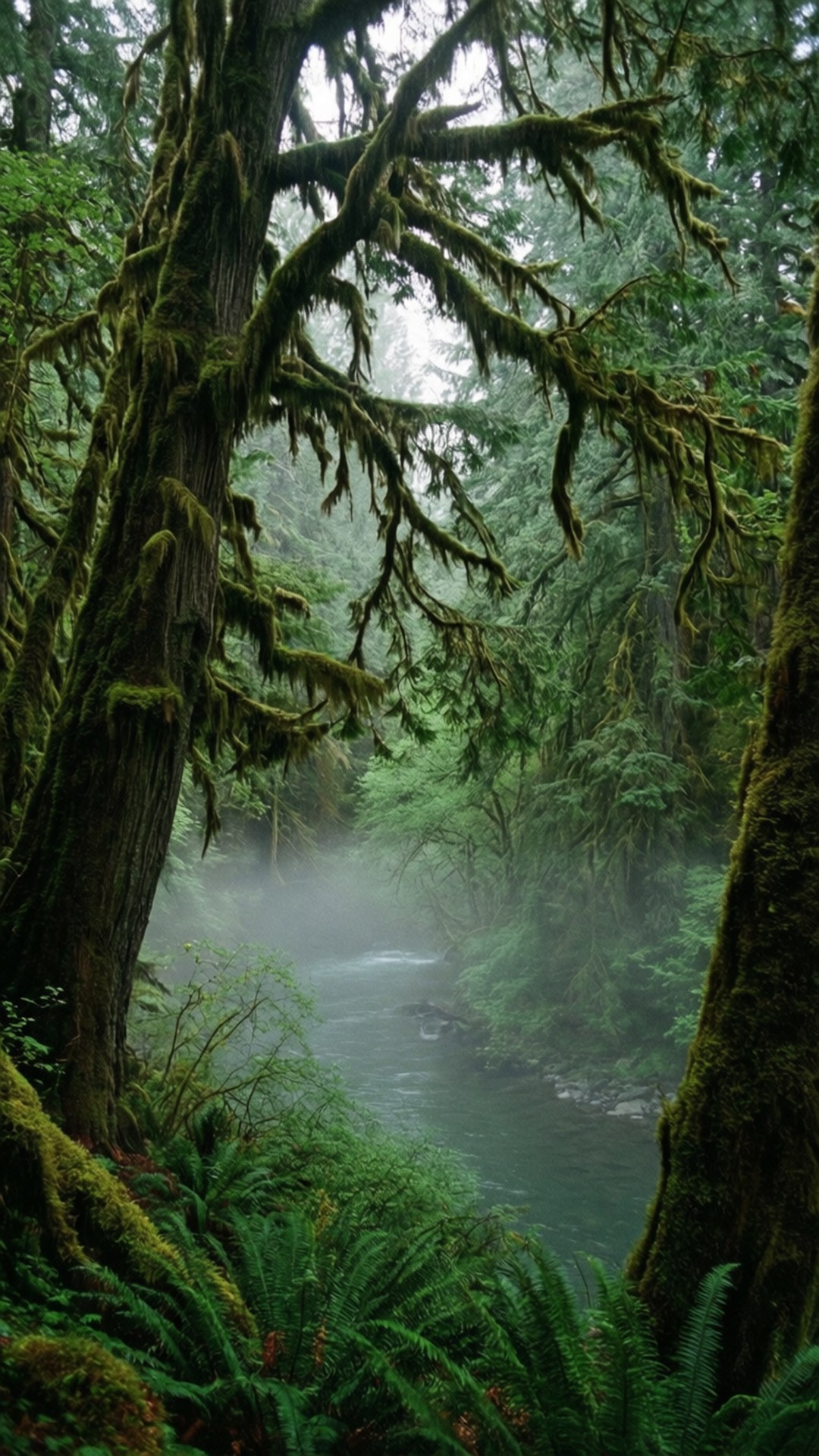 Pacific Northwest Misty Forest 壁紙 — 一條霧氣瀰漫的河流蜿蜒穿過茂密的森林，兩旁是高聳的長滿苔蘚的樹木和蕨類植物。