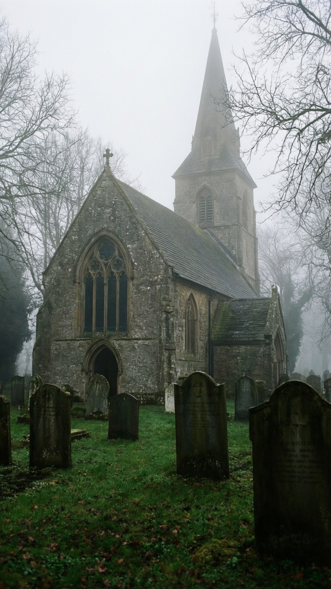 Foggy Graveyard Church 壁紙 — 一座霧氣籠罩的石頭教堂，帶有高高的尖頂，莊嚴地矗立在光禿禿的樹木和風化的墓碑之間，位於霧濛濛的墓地中。