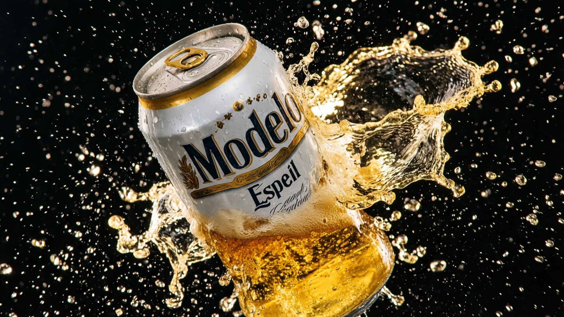 Beer Splash 壁紙 — Modelo Espeil 啤酒罐在純黑背景下爆發出金色液體，形成動態飛濺效果。