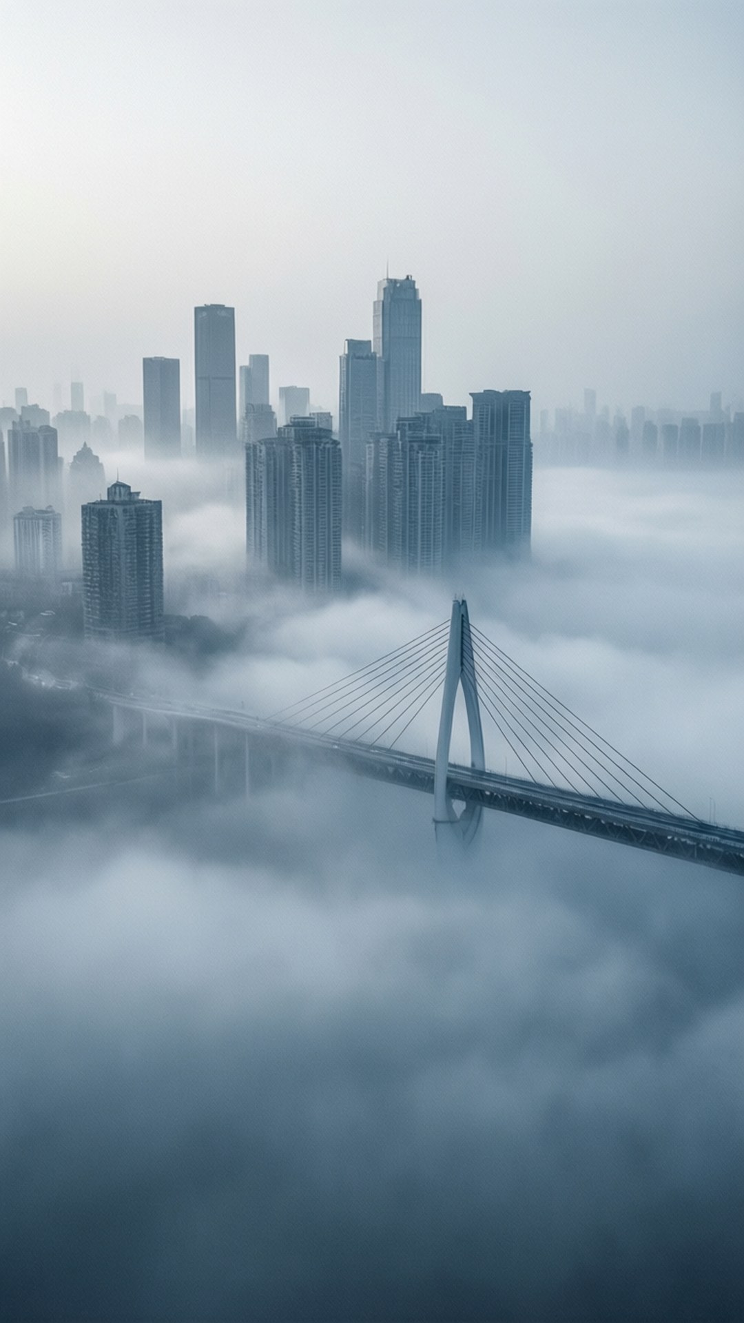 Misty Chongqing Morning 壁紙 — 現代城市天際線從濃霧中浮現，一條斜張橋拱跨過下方霧氣瀰漫的水面。