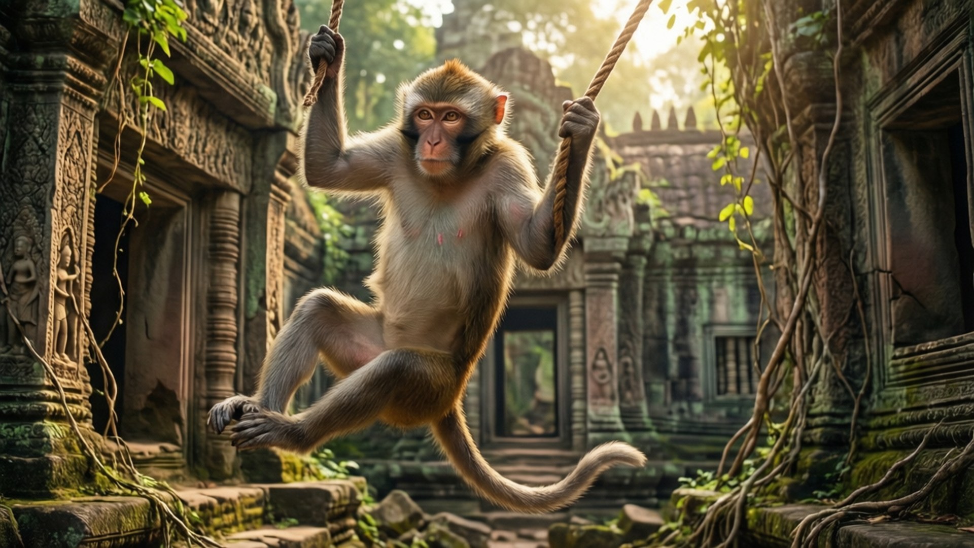 Monkey Temple Ruins 壁紙 — 一隻猴子在金色陽光下，於長滿藤蔓和苔蘚的古老石頭廢墟之間優雅地盪來盪去。