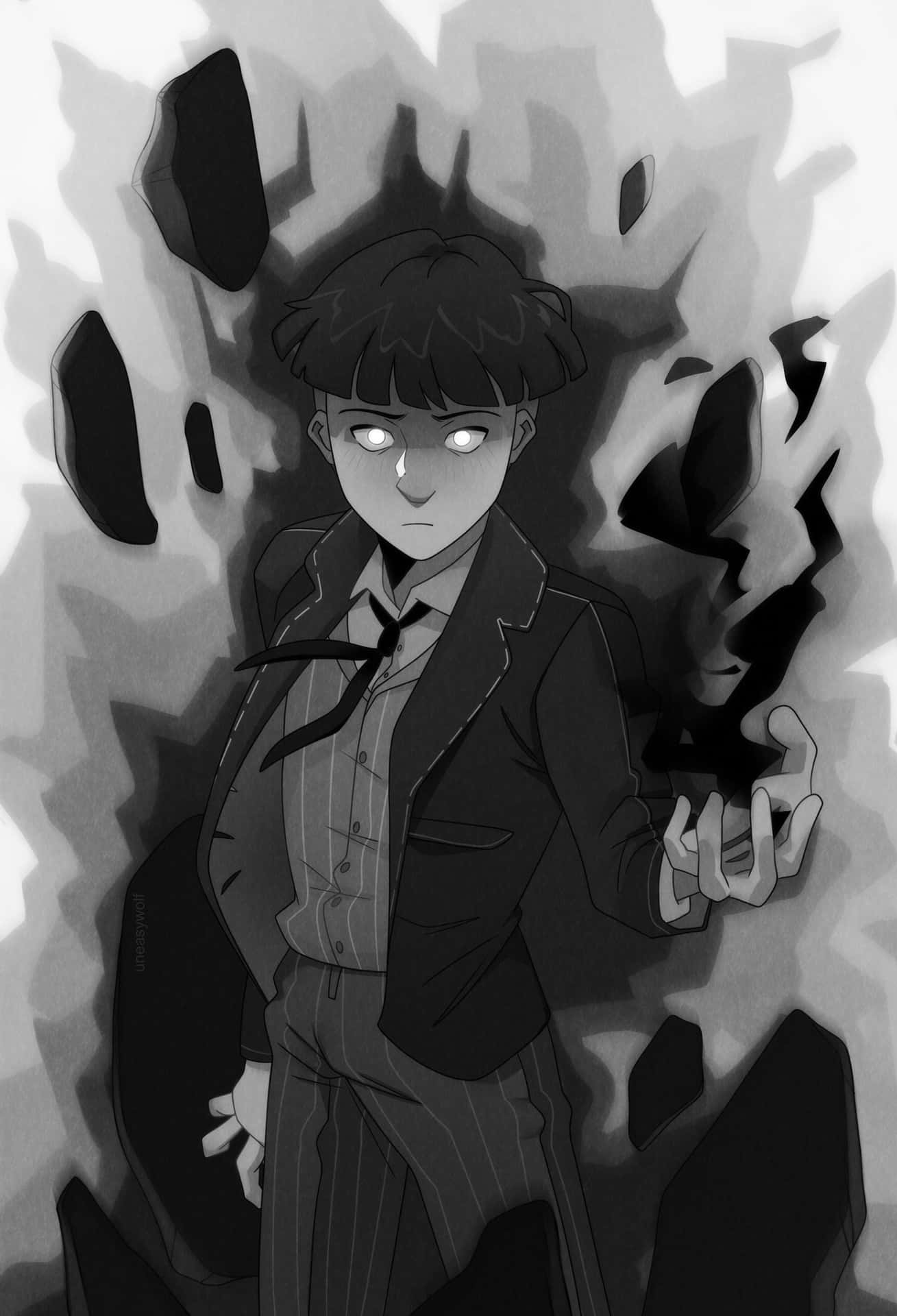  壁紙 — 一個穿著西裝的單色動漫男孩站在漂浮的黑暗碎片中，眼睛發光，流著淚。