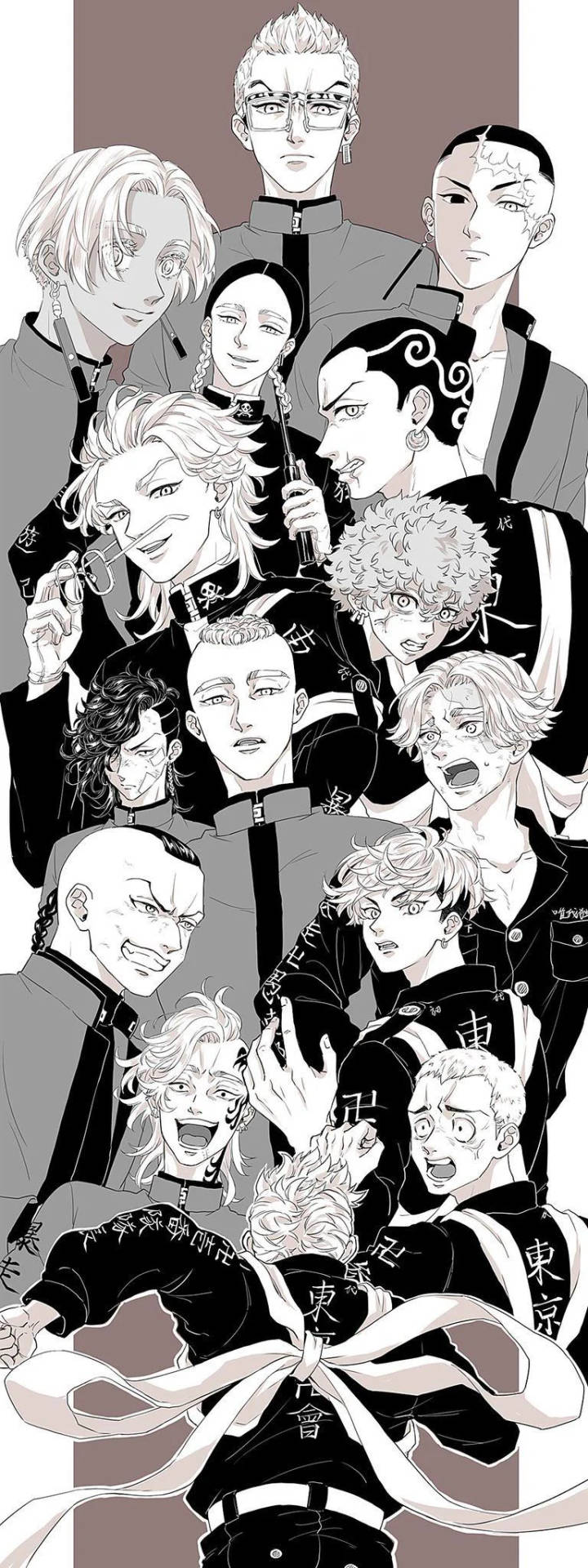 黑白動漫角色，表情豐富，姿勢動態。 — Mikey Tokyo Revengers 壁紙