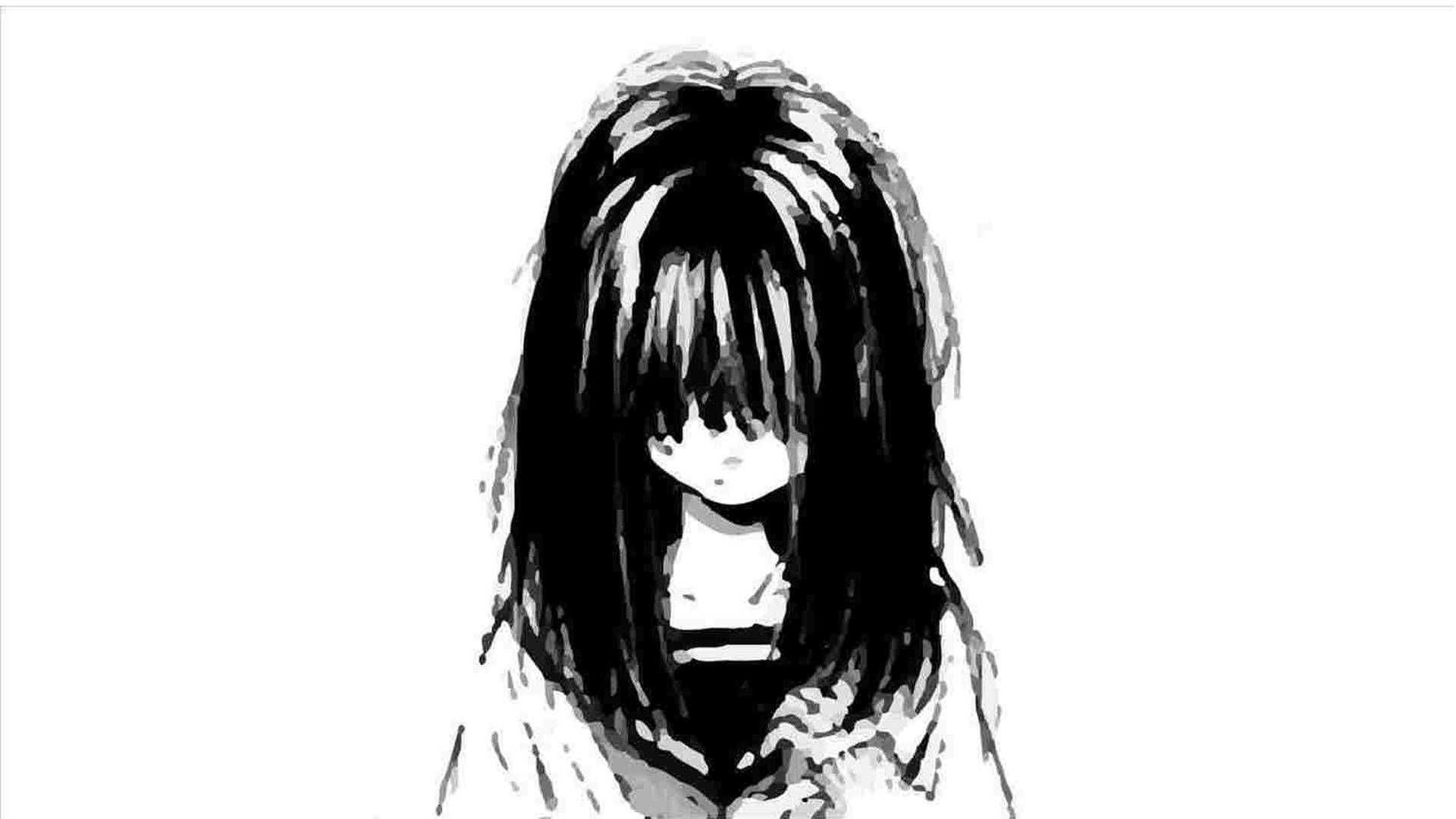 動漫女孩，長長的深色頭髮遮住了她的臉，極簡黑白素描風格。 — 4K 壁紙
