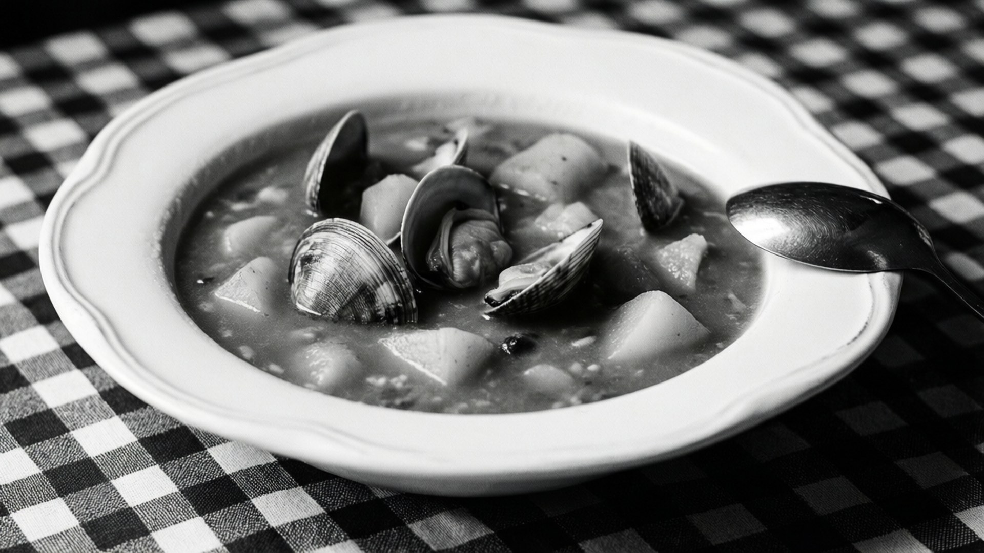 Monochrome Clam Chowder 壁紙 — 一碗單色調的蛤蜊馬鈴薯湯放在格子桌布上，旁邊有湯匙。