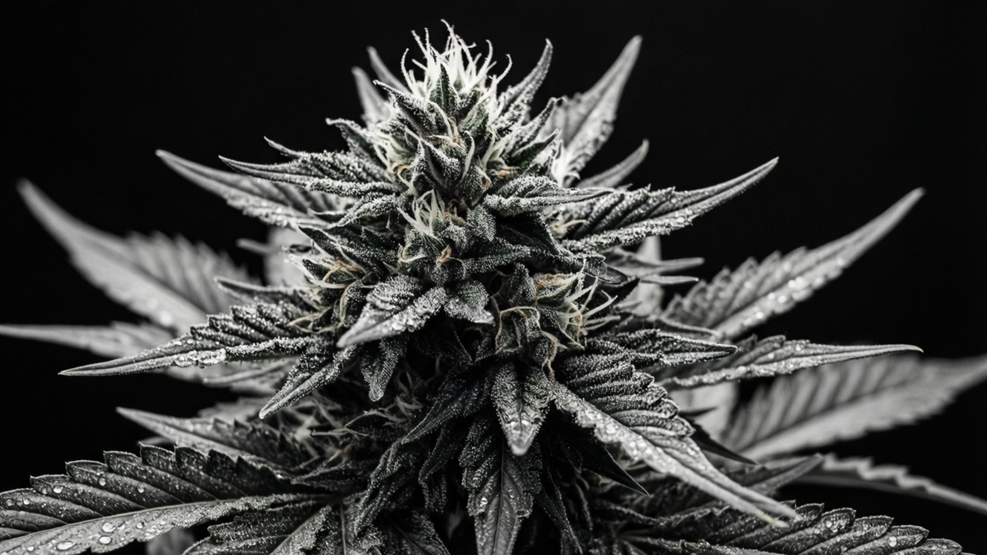 桌布 壁紙 — 一個黑白特寫，展示帶有霜粉的大麻花蕾和帶有露水的葉子，背景為黑色。