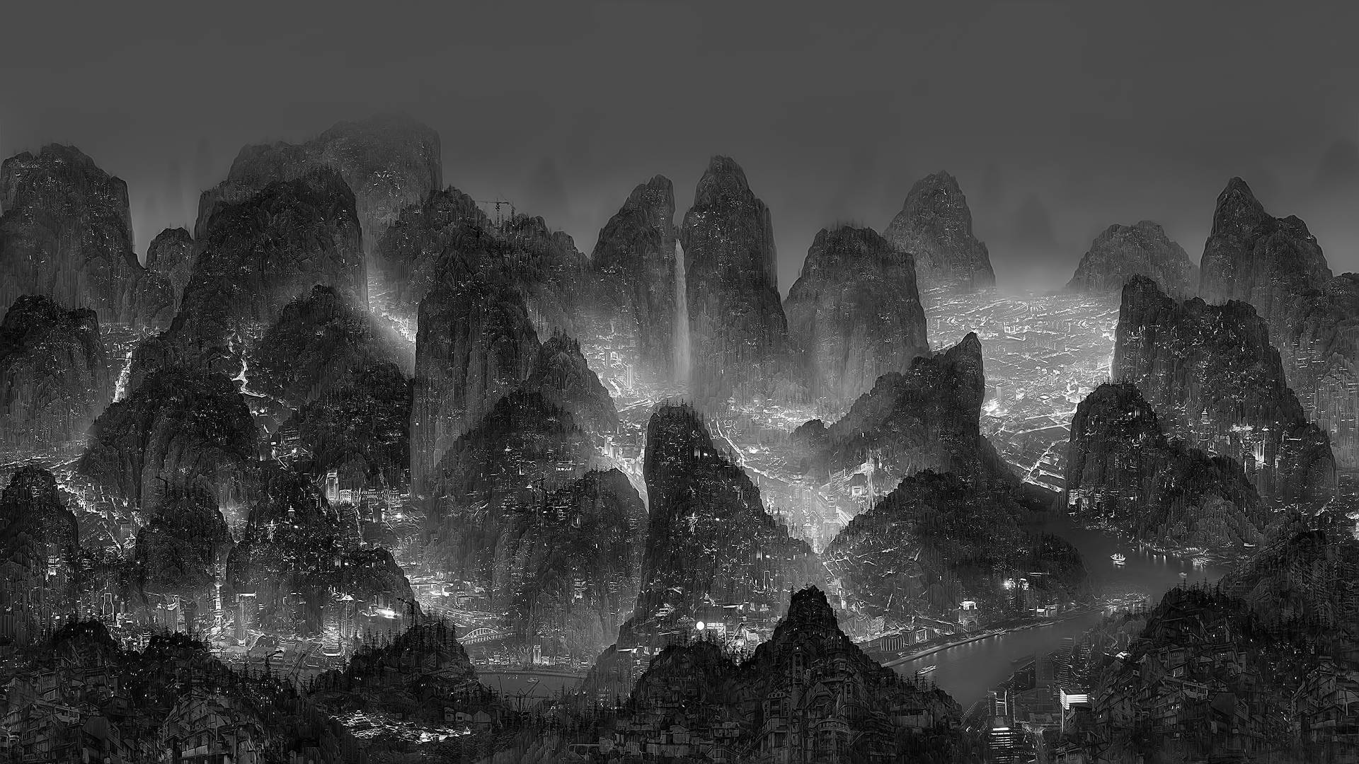 夜晚隱藏在高聳山脈中的發光城市。 — 1440P 壁紙