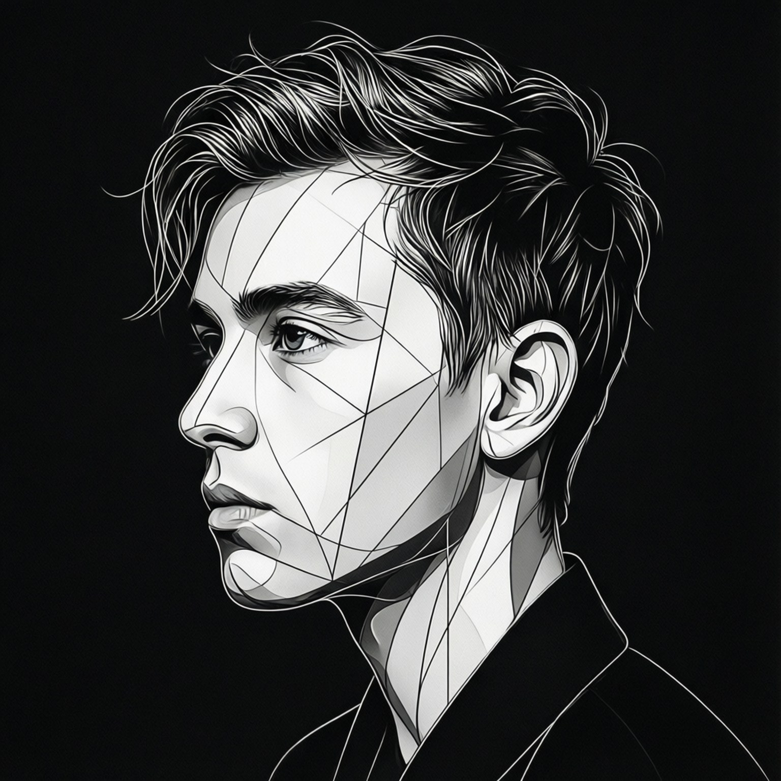 Minimalist Line Art Profile 壁紙 — 一個年輕男子的黑白側面肖像，幾何線條覆蓋在他的臉上，背景為黑色。