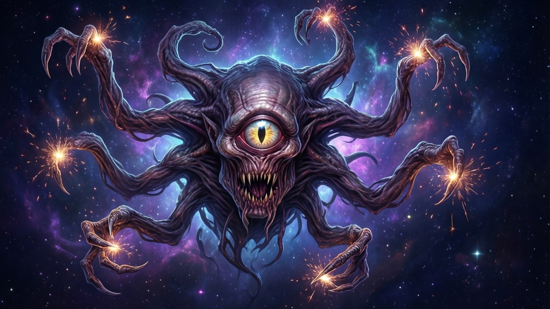 Eye of the Beholder 壁紙 — 一個怪異的宇宙實體，有一隻發光的眼睛和帶爪的四肢，從充滿活力的星雲中爆發，指尖飛出火花。