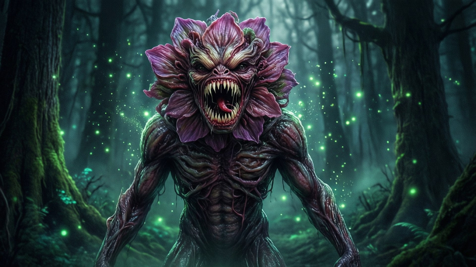 Demogorgon 桌布 壁紙 — 一個頭頂盛開紫色花朵的怪物，在瀰漫著綠色螢火蟲的迷霧森林中咆哮。