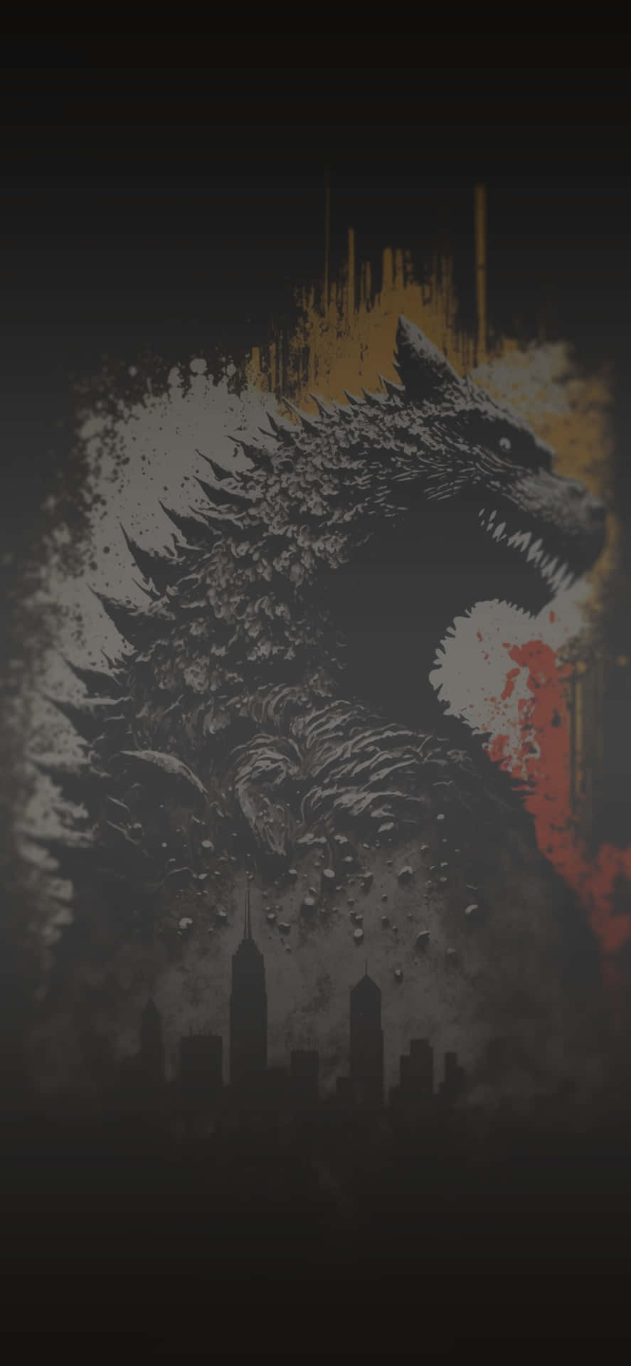  壁紙 — 一隻怪獸哥吉拉聳立在城市天際線上，帶有濺灑的橙色和紅色油漆，背景黑暗粗糙。