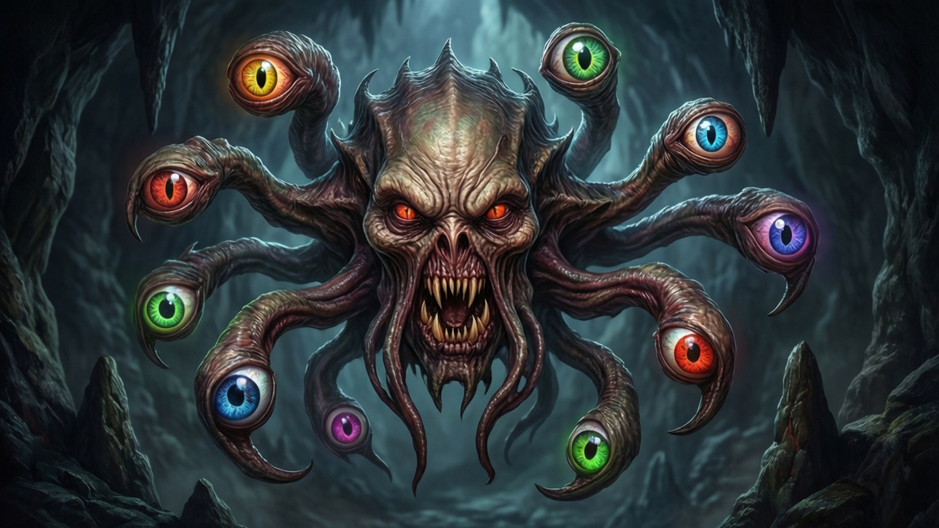 Beholder in the Cavern 壁紙 — 一隻多眼怪物，擁有發光的眼睛和鋒利的牙齒，從黑暗的洞穴中出現。