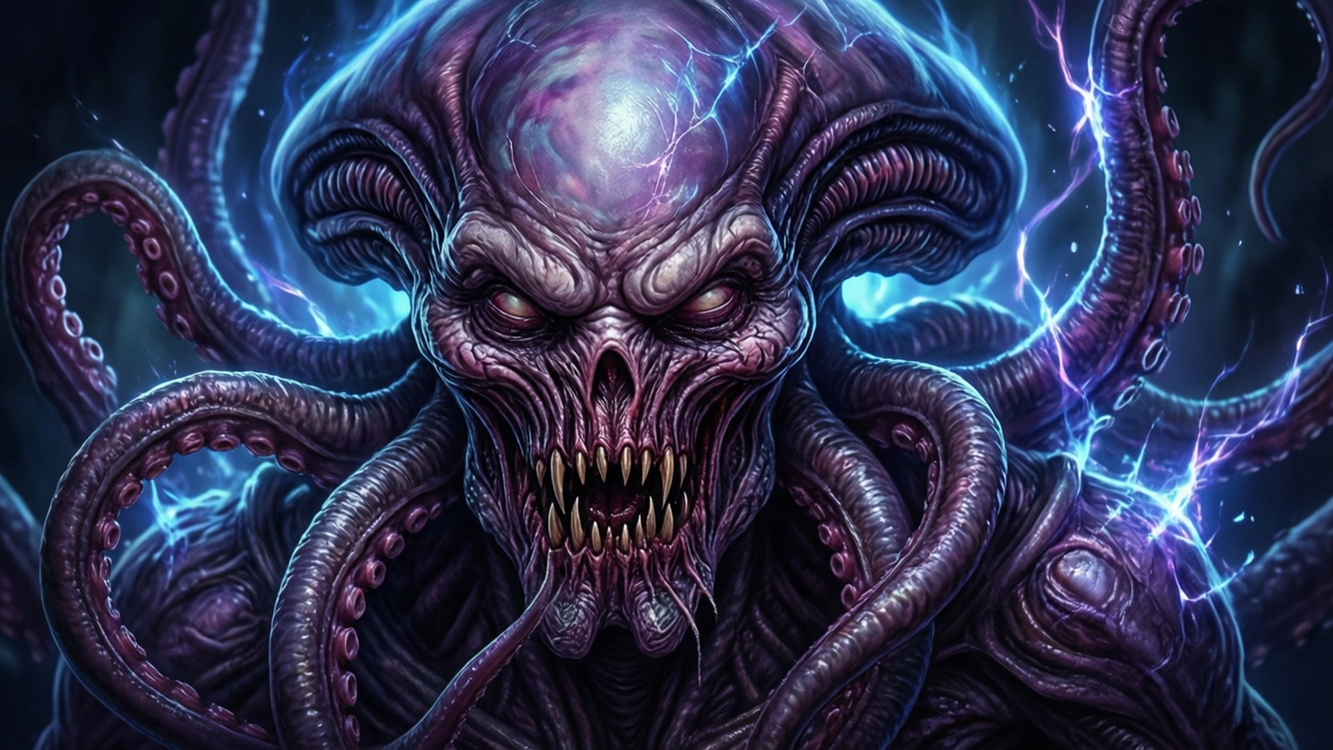 Mind Flayer Psionic Menace 壁紙 — 一隻發光眼睛、觸手周圍有閃電劈啪作響的怪異紫色頭足類動物。