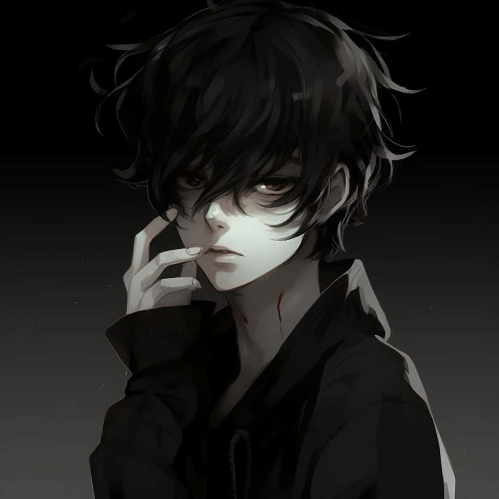  壁紙 — 一個陰鬱的動漫男孩，黑髮，脖子上有血，在黑色背景下專注地凝視。