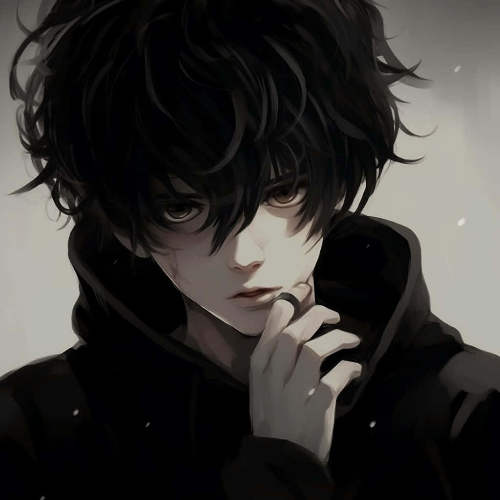  壁紙 — 一個情緒化的動漫男孩，有著凌亂的黑髮和黑色連帽衫，手靠近下巴若有所思地凝視著。