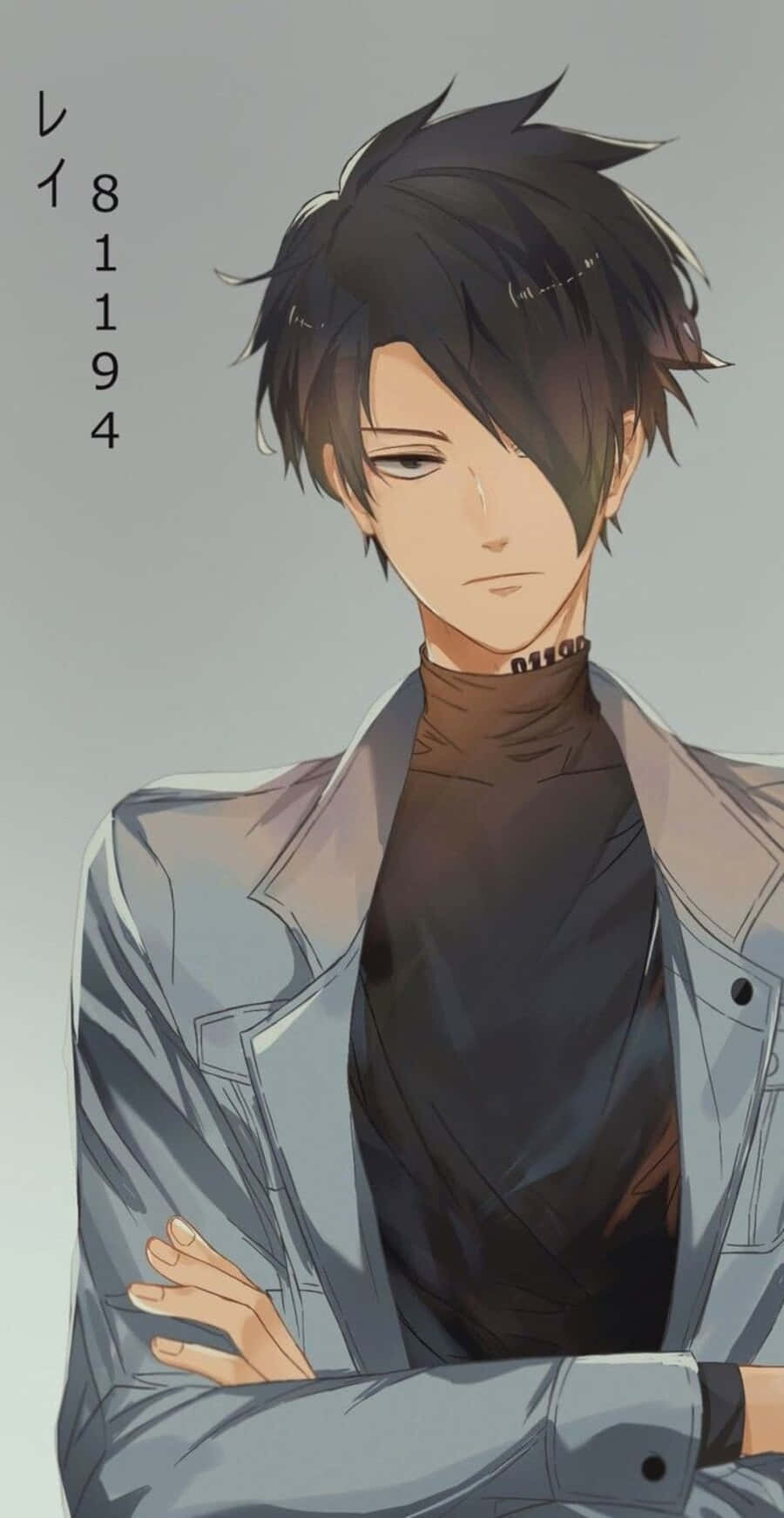 The Promised Neverland Ray 桌布 壁紙 — 一個情緒化的動畫男性，有著尖刺的黑髮和交叉的手臂，穿著灰色外套內搭棕色高領毛衣，背景是純灰色。