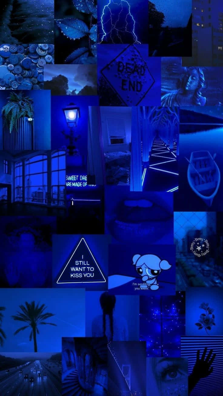  壁紙 — 一張充滿情調的藍色調拼貼畫，描繪了夜間場景，包括閃電、棕櫚樹、霓虹燈標誌和卡通人物。