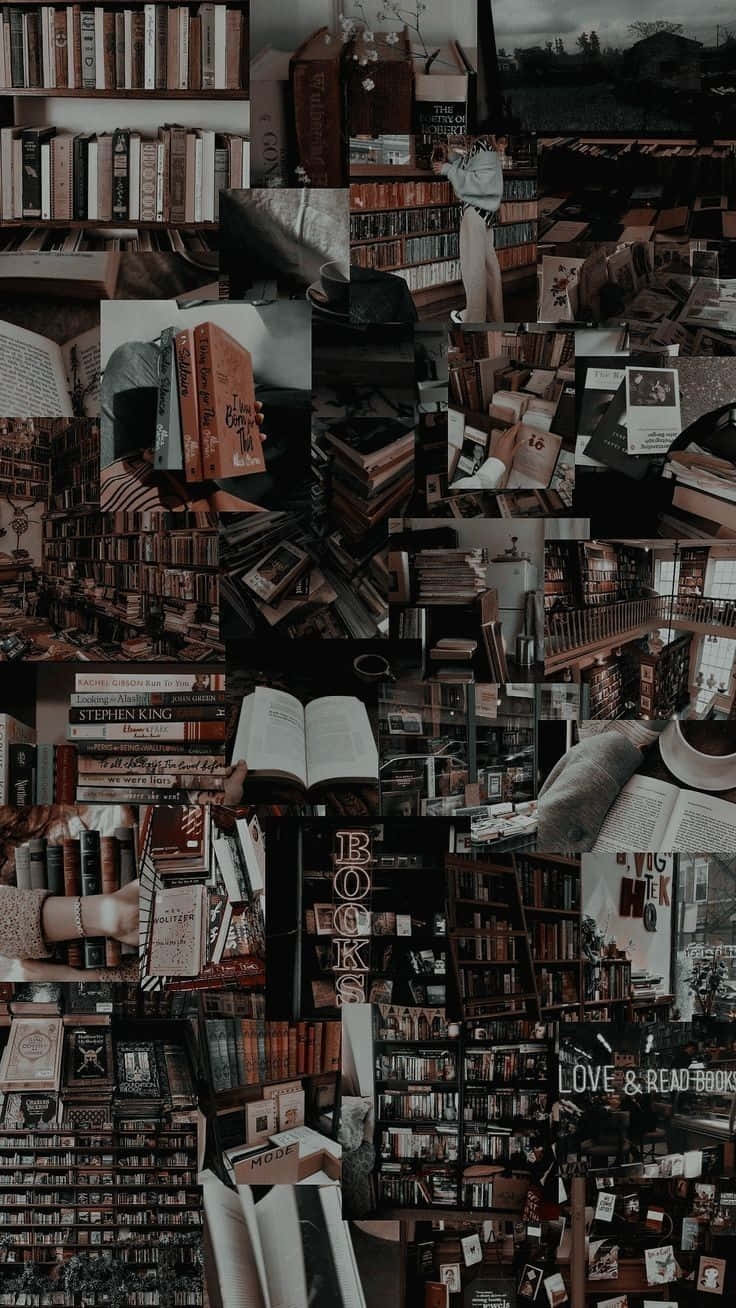 Dark Book Aesthetic 桌布 壁紙 — 一幅充滿懷舊氣息的拼貼畫，書架上堆滿了復古書籍，呈現出深褐色調，營造出舒適的文學避風港。