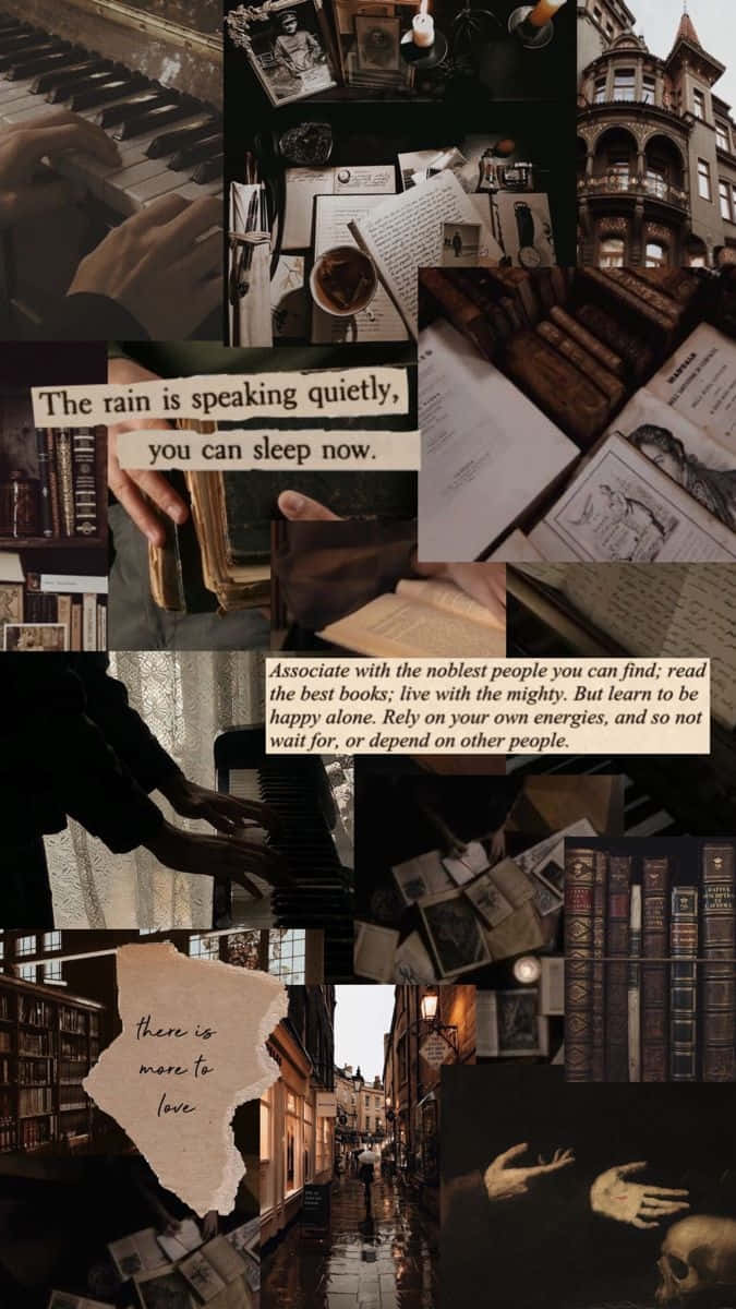 Dark Book Aesthetic 桌布 壁紙 — 一幅充滿情調的拼貼畫，融合了復古書籍、樂譜、雨街和手寫語錄，以懷舊的深褐色調呈現。