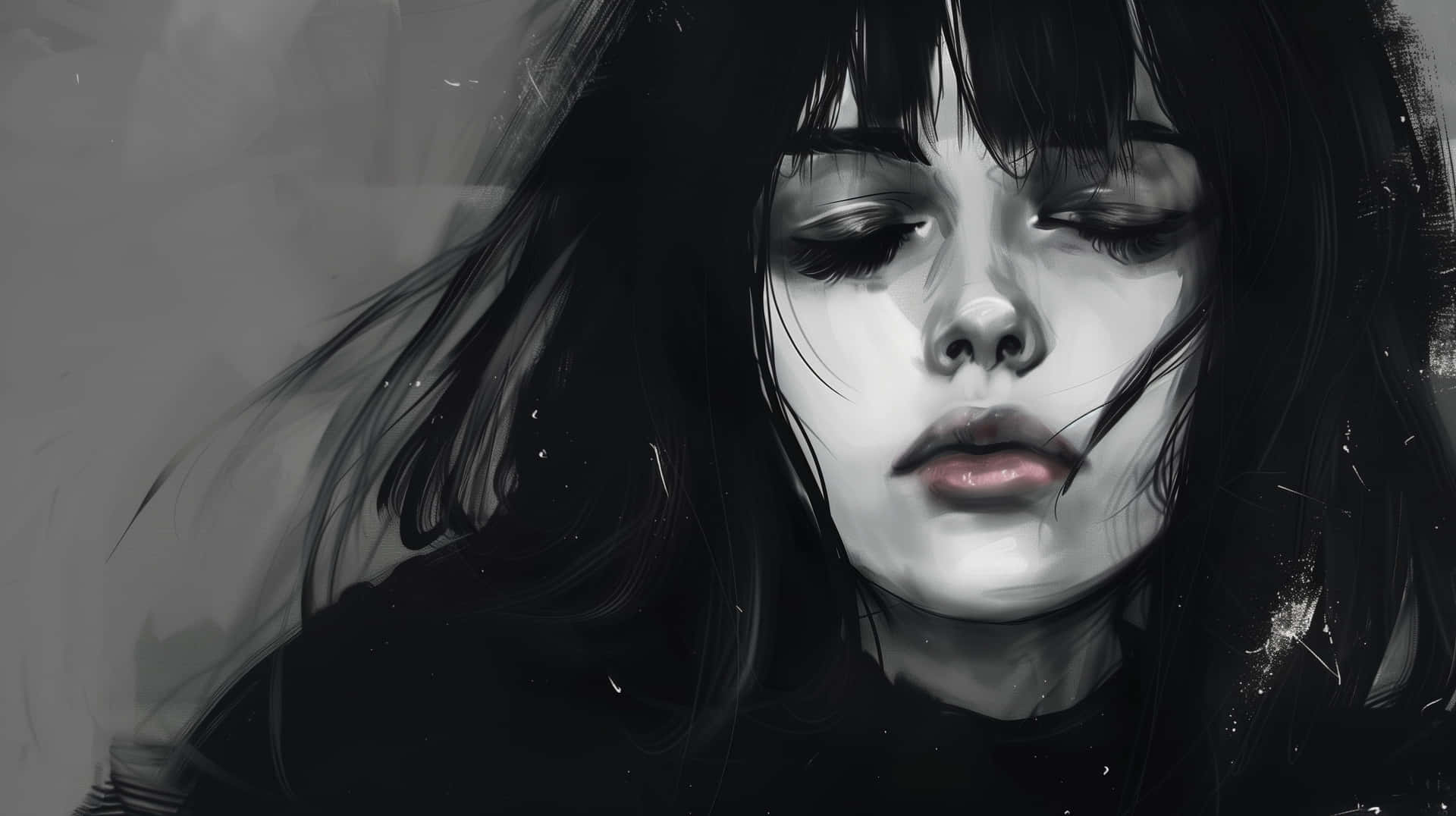  壁紙 — 一幅充滿氛圍的數位肖像畫，描繪一位深色頭髮、閉著眼睛的年輕女性，以柔和的灰階呈現，帶有細微的粉紅唇色。