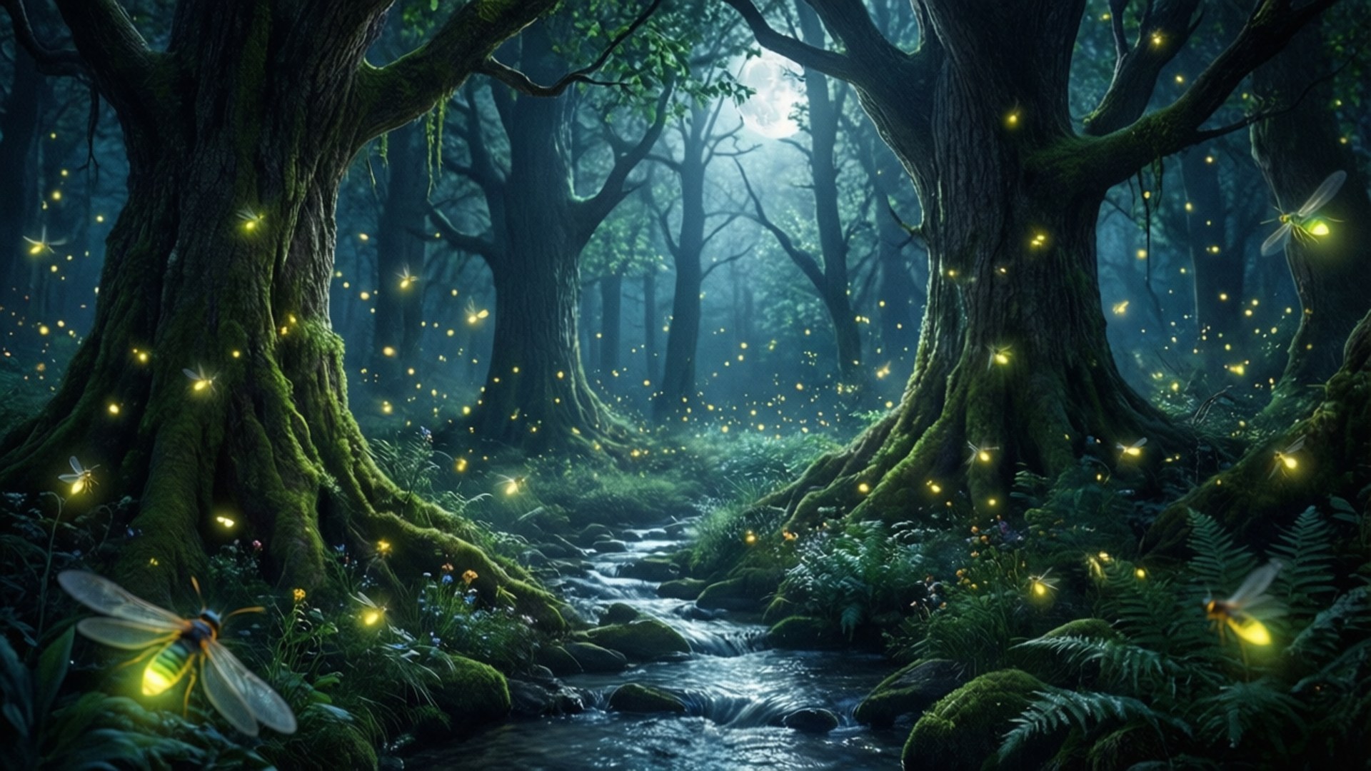 Enchanted Forest Night 壁紙 — 一條月光下的森林小徑蜿蜒穿過古老的長滿苔蘚的樹木，樹木閃爍著螢火蟲，散發出柔和的金色光芒。