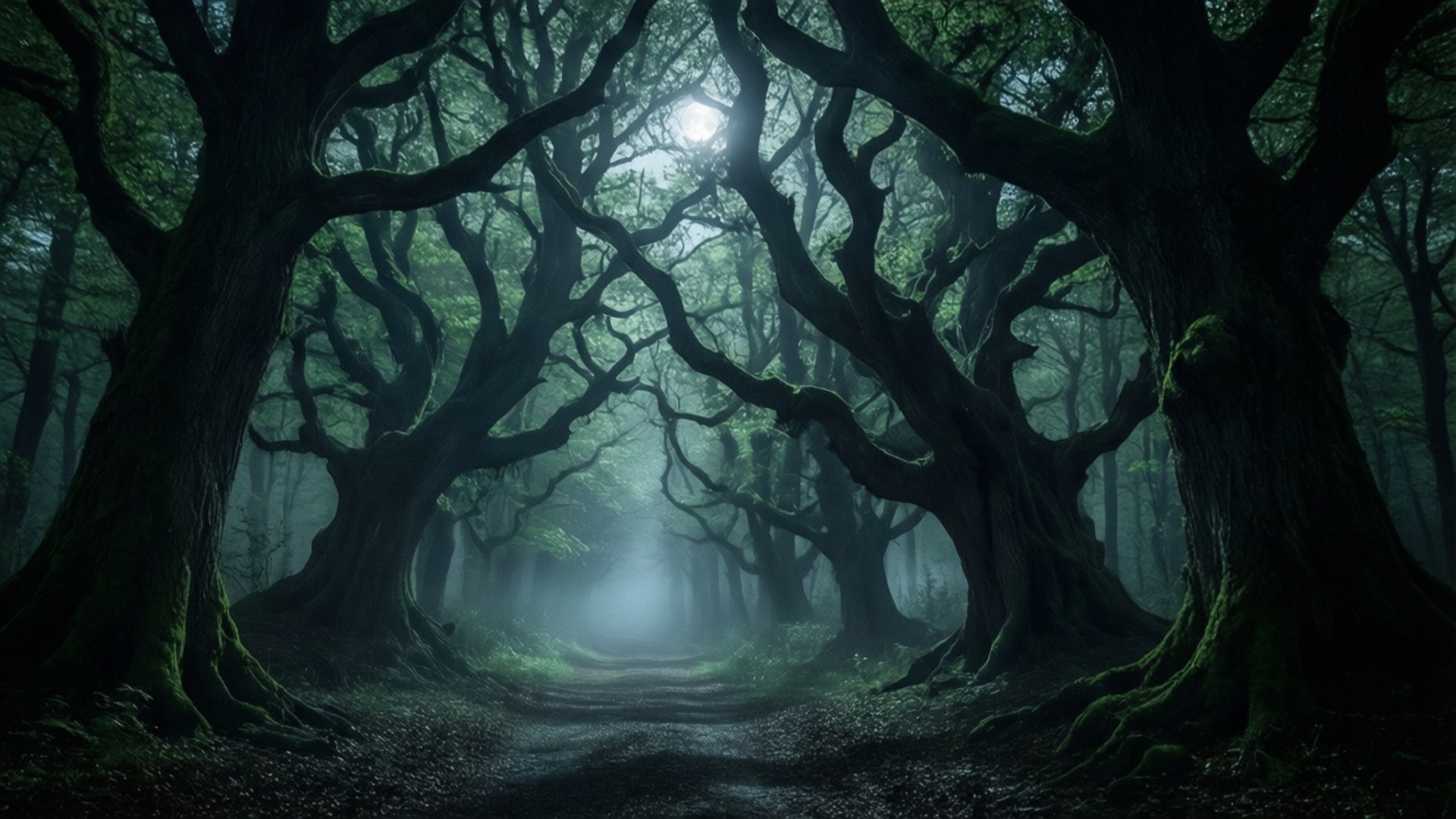 Ancient Trees in Moonlight 壁紙 — 一條月光照耀的小徑蜿蜒穿過茂密的森林，森林裡有古老的、多節的樹木，樹幹長滿苔蘚，樹葉發出綠光。