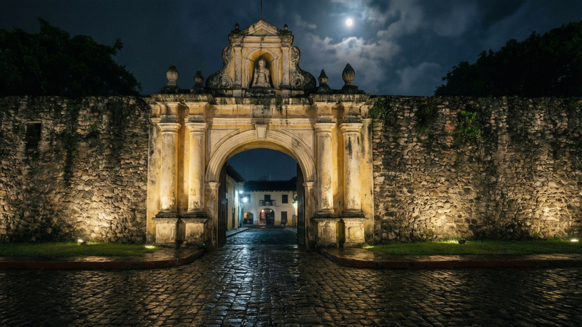 Intramuros Night Gate 壁紙 — 月光下的石拱門，溫暖的燈光照亮了一條鵝卵石小徑，通往一個歷史悠久的庭院，上方是多雲的夜空。