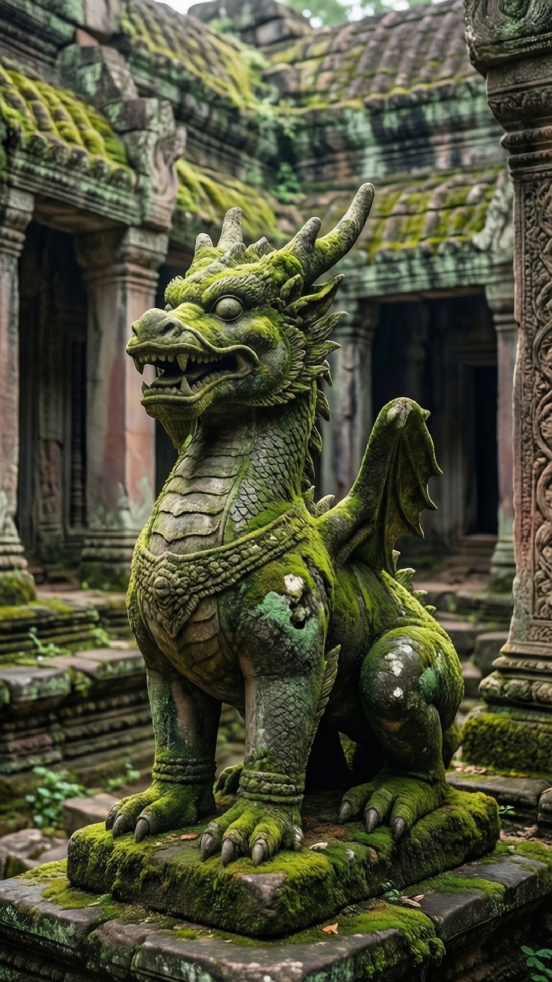 Mossy Dragon Statue 壁紙 — 一座長滿青苔的石龍雕像守護著一座古老的寺廟廢墟，上面有風化的雕刻和雜草叢生的樹葉。