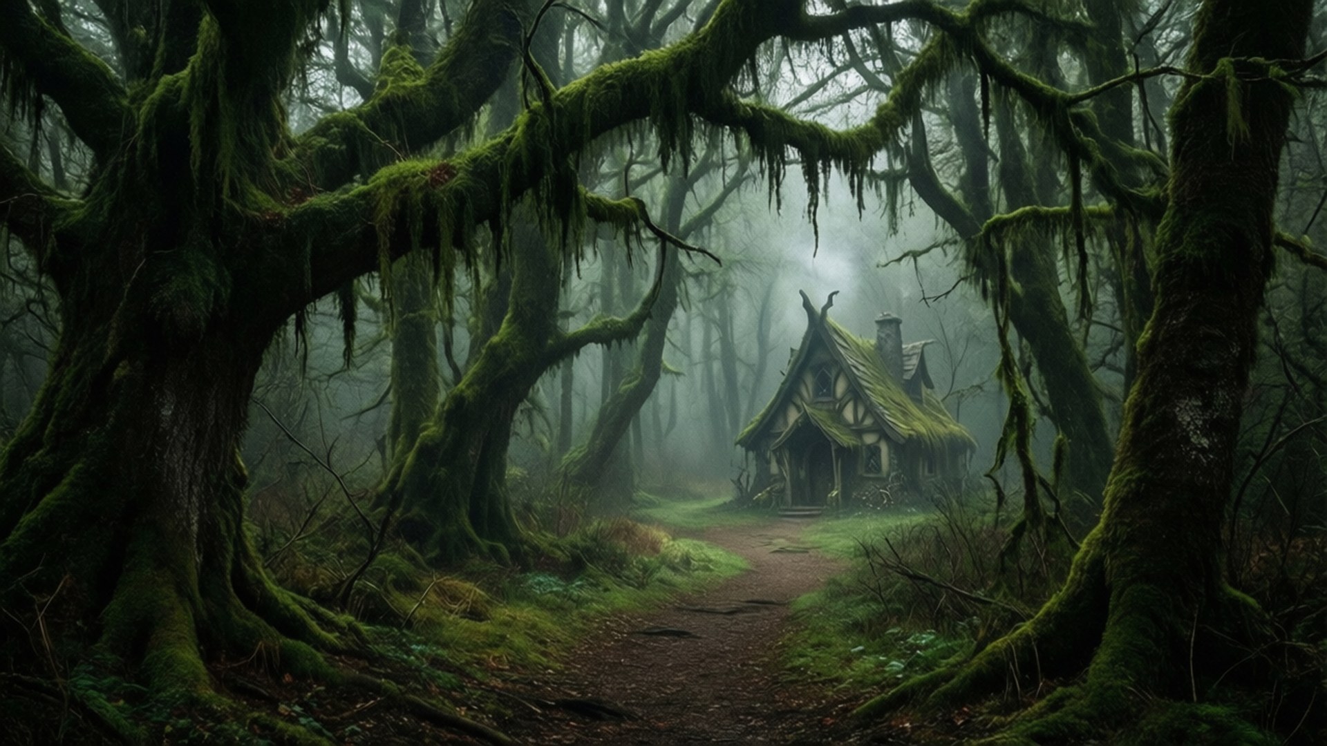 Mossy Path to Sorcerer's Hut 壁紙 — 一條長滿苔蘚的森林小徑通向一座風化的小屋，坐落在迷霧暮色中古老的盤根錯節的樹木之間。