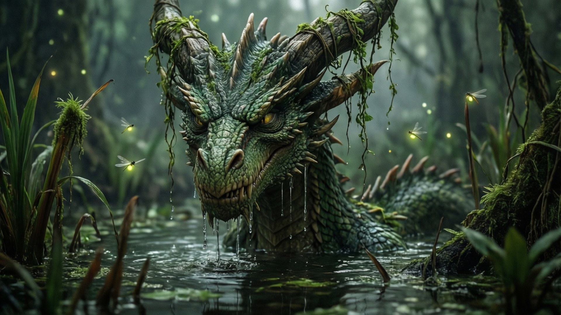 Swamp Dragon Emergence 壁紙 — 一隻長滿苔蘚的綠色巨龍，雙眼發光，從迷霧沼澤中現身，周圍環繞著發光的螢火蟲和滴水的樹葉。