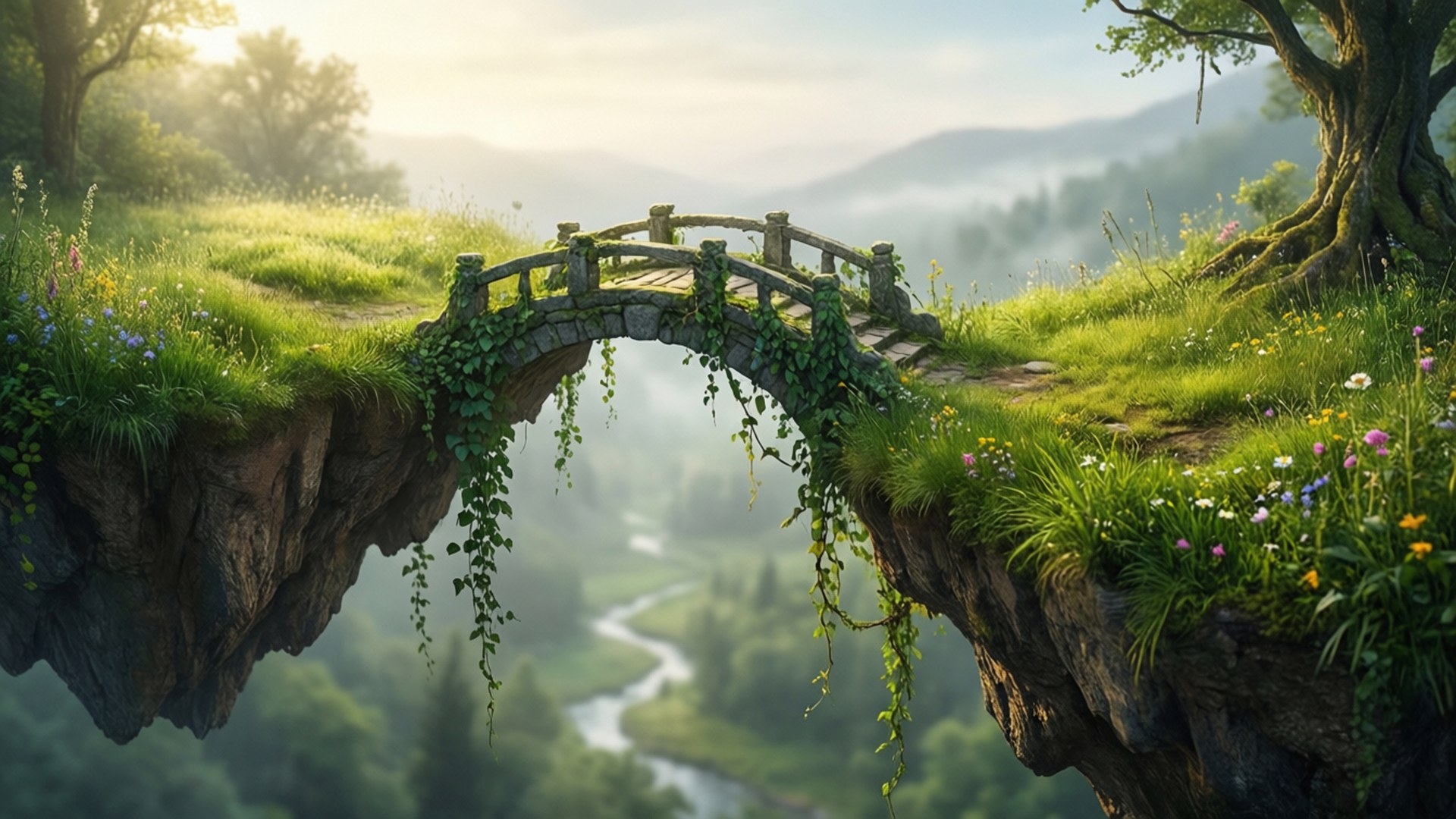 Bridge Between Islands 壁紙 — 一座長滿苔蘚的石橋優雅地拱起在霧氣瀰漫的山谷上，下方有一條蜿蜒的河流，四周環繞著茂密的綠植和野花。