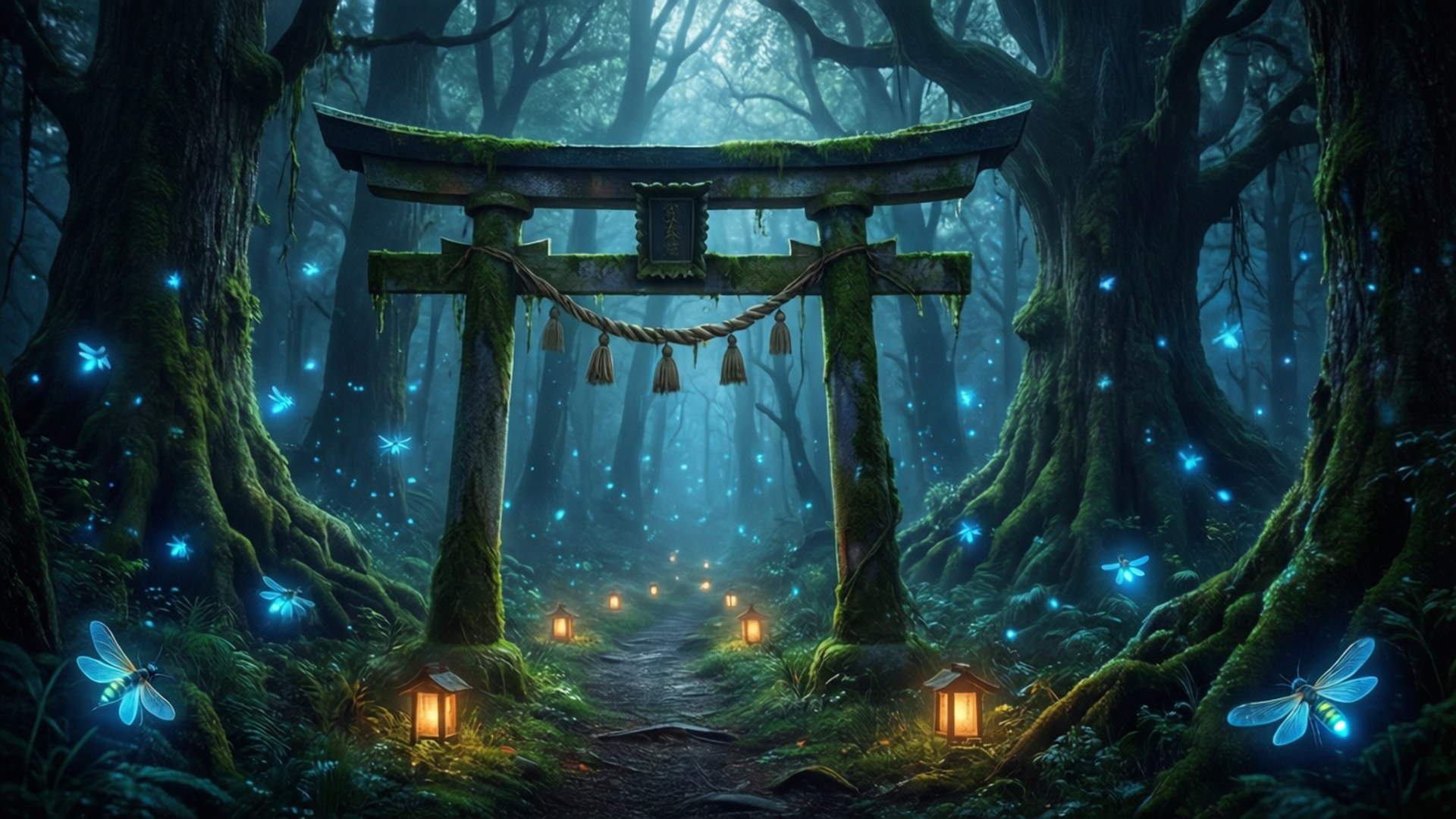 Enchanted Forest Torii 壁紙 — 一座長滿苔蘚的木製鳥居矗立在迷霧森林中，被發光的藍色螢火蟲和溫暖的燈籠照亮。